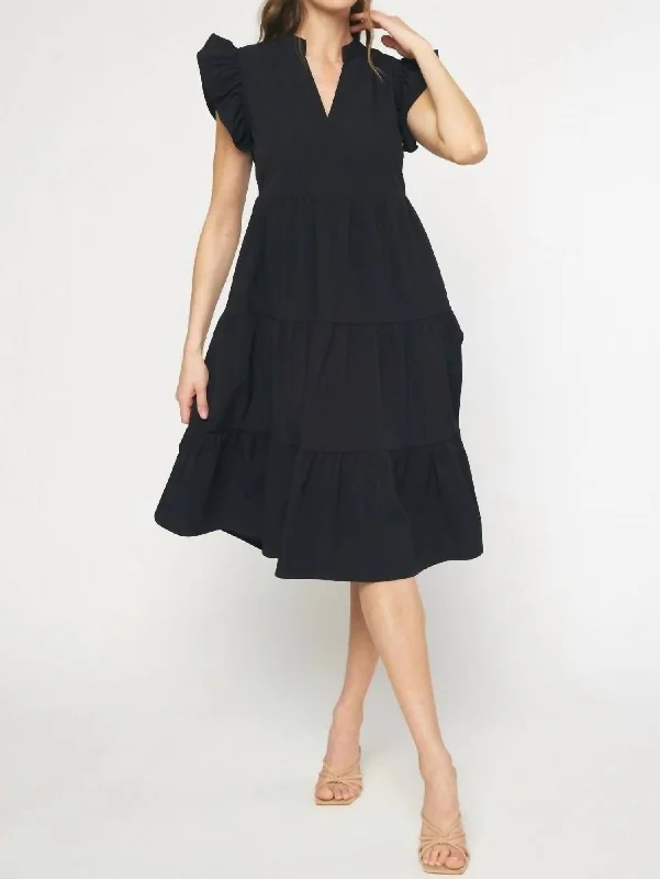 Trend Alert Ruffle Shoulder Midi Dress In Black