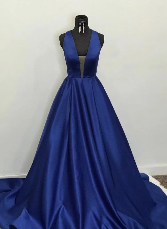 Winter Warm - Up Sale Blue v neck satin long prom dress blue evening dress M2262