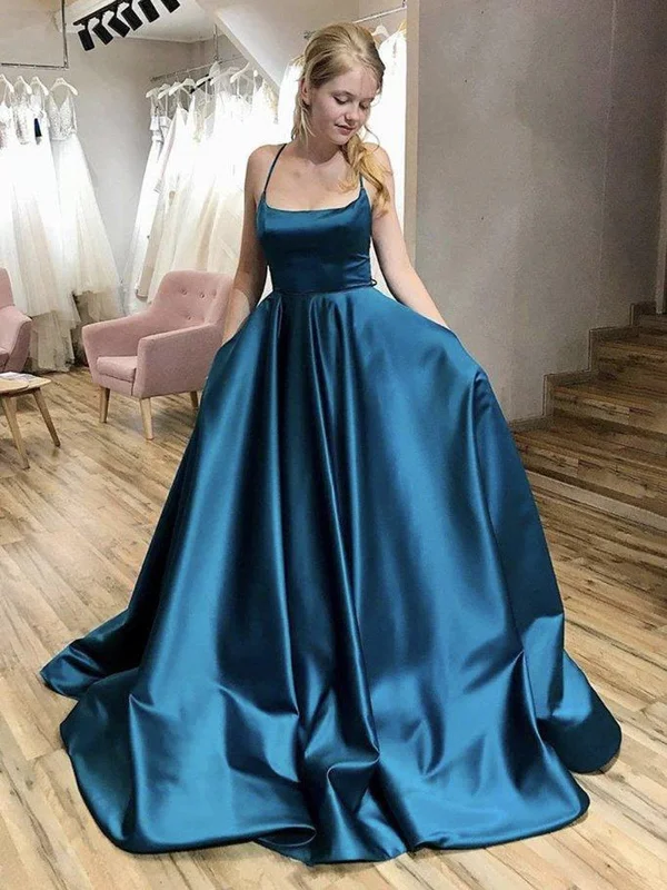 End Of Season Sale Simple Backless Blue Satin Long Prom Dresses with Pocket, Thin Strap Blue Formal Evening Dresses