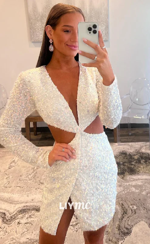 Fashion-Forward Outfits LY074 - V-Neck Long Sleeves Cut Outs Sequins Sheath Short Homecoming Dress