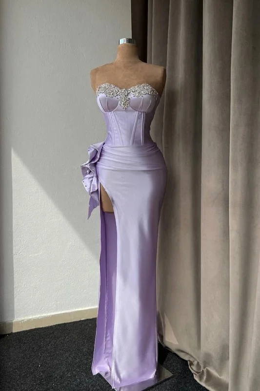 Seasonal Trends Light Purple Prom Dress With Rhinestone High Slit Gown Sleeveless Y6586