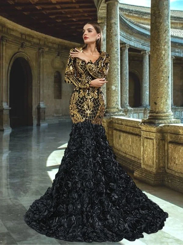 Limited - Time Bundle Luxurious Long Sleeves V-neck Gold Lace Black-rose Trumpet Mermaid  Long Prom Dress, PD3575