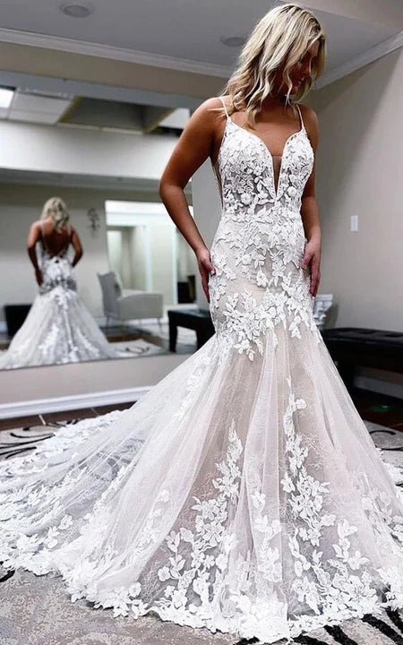 Big Savings On Minimalist Office Styles Spaghetti Mermaid Tulle Lace Applique Low-v Back Wedding Dress with Chapel Train