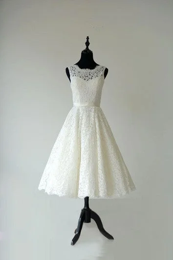 Limited - Stock Sleeveless A-Line Tea Length Lace Dress With Low-V Back and Satin Sash