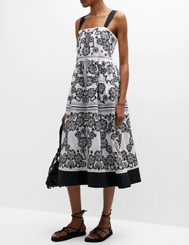 Lighten Up With Nordic Styles Mel Embroidered Midi Dress In White/black