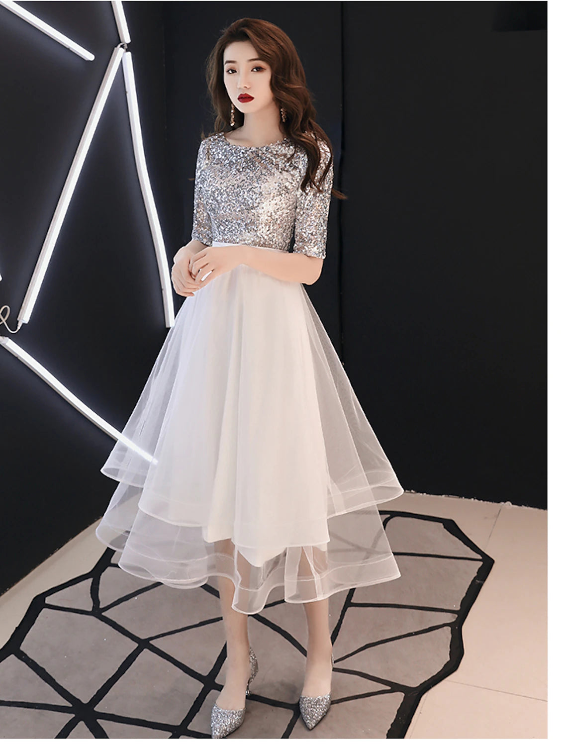 Exclusive Discount A-Line Sparkle White Cocktail Party Prom Dress Jewel Neck Half Sleeve Tea Length Satin with Sequin