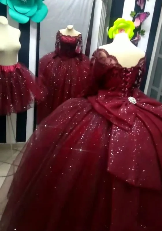 Trendy Styles Burgundy Ball Gowns Off the Shoulder Prom Dresses Quinceanera Dresses Y6953