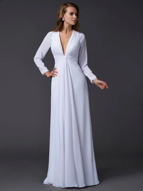 Casual Weekend Relaxed Style Sheath/Column V-neck Long Sleeves Ruched Long Chiffon Dresses