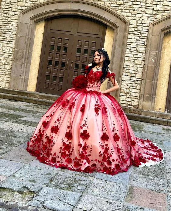 Style Upgrade Custom Made 3D Flower Red Lace Quinceanera Dresses Off the Shoulder Ball Gown Y6956