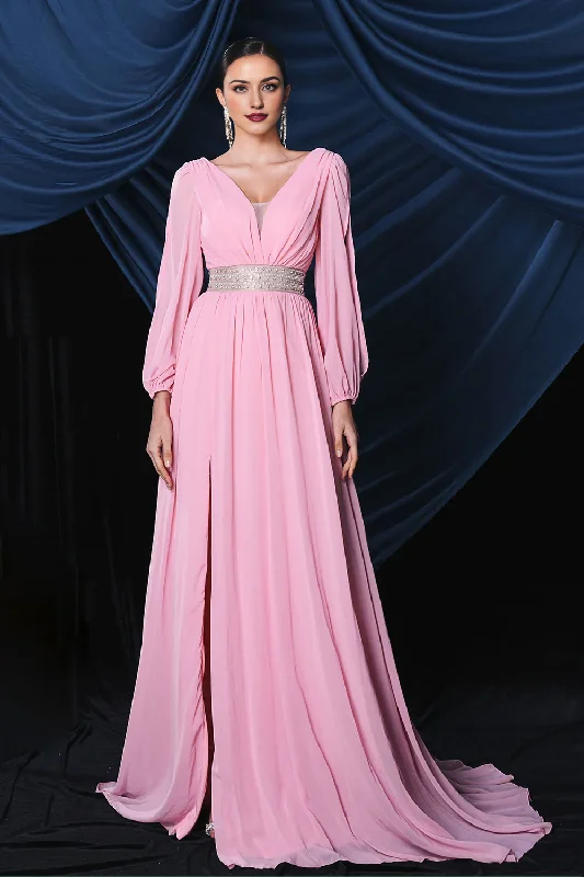 Elegant Style Pink Chiffon Long Sleeves Formal Prom Dress With Slit