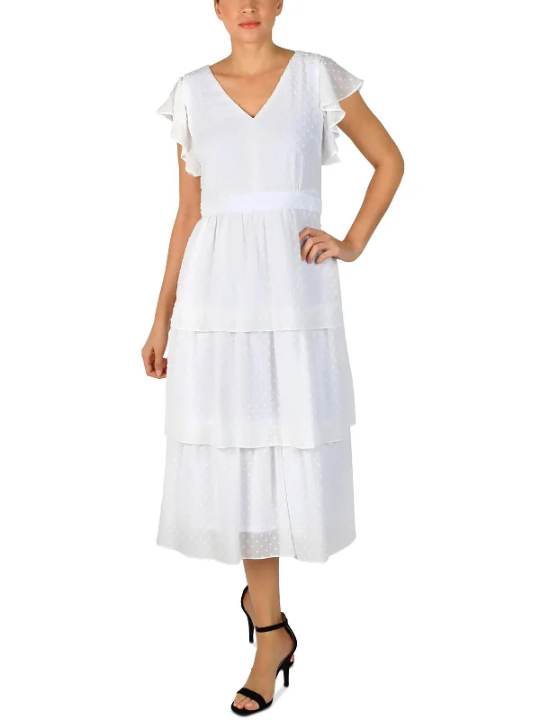 Winter Warm - Up Sale Womens Tiered Ruffle Sleeves Midi Dress