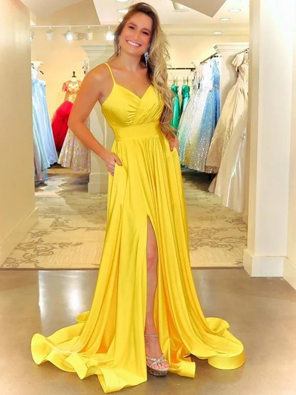 Great Deals On Ethnic Cultural Wear Simple V Neck Backless Yellow Satin Long Prom Dresses with Slit, Long Yellow Formal Evening Dresses