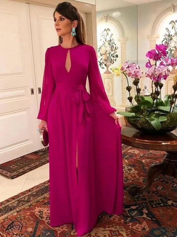 Limited Quantities A-Line/Princess Chiffon Ruched Scoop Long Sleeves Floor-Length Mother of the Bride Dresses