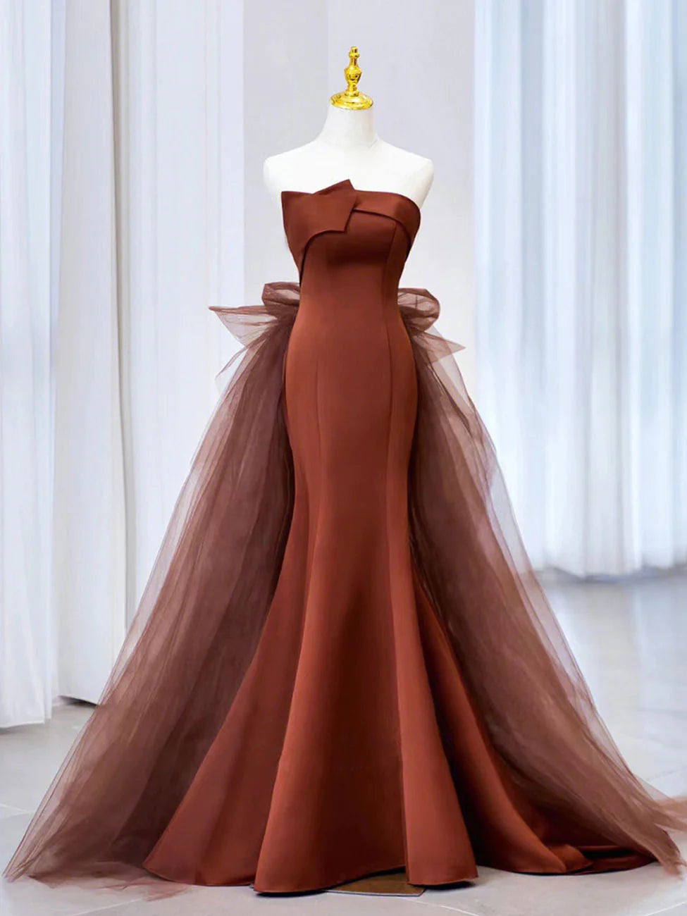 Cottagecore Rustic Charm Style Brown Mermaid Satin Tulle Long Prom Dress, Brown Long Evening Dress  MD7164