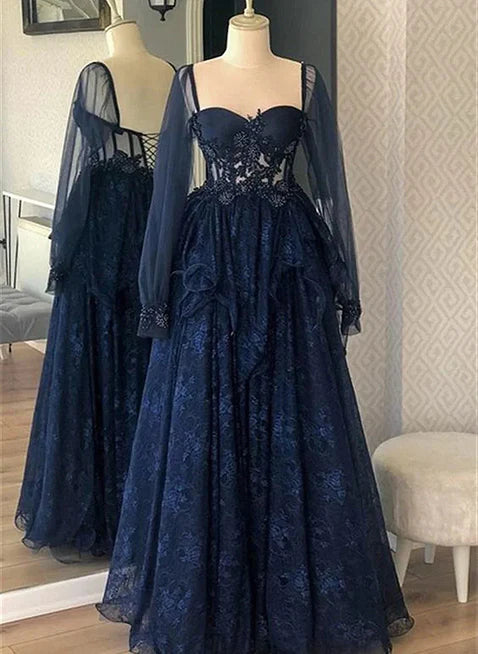 Clearance Event A-Line Princess Navy Blue Tulle with Lace Long Sleeves Prom Dress Navy Blue Party Dress