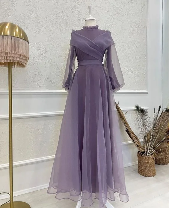 Celebrate With Big Savings Modest Purple A-line Long Sleeves Prom Dress,Muslim Prom Gown Y6749