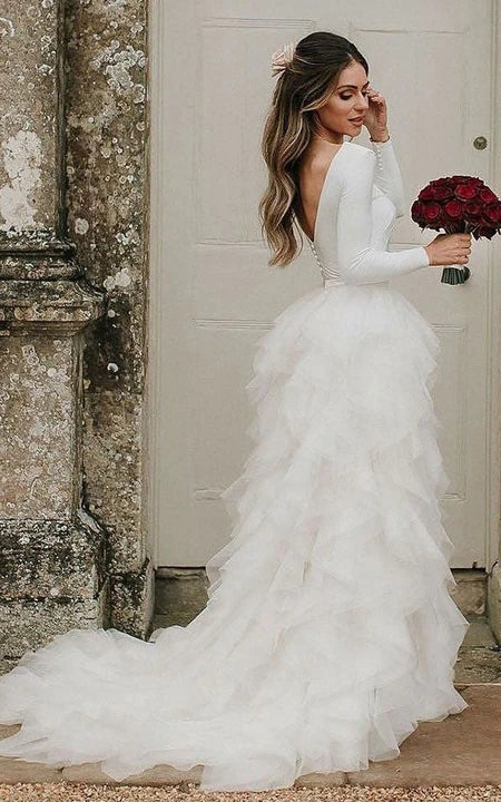 End - Of - Month Blowout Scoop-neck Long Sleeve Empire Layered Ruffled Wedding Dress with Low-v Back