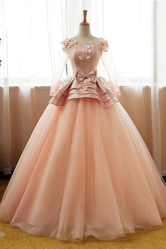 Seasonal Sale Vintage Pink Flower Long Sleeves Puffy Tulle Long Quinceanera Dress Prom Dresses