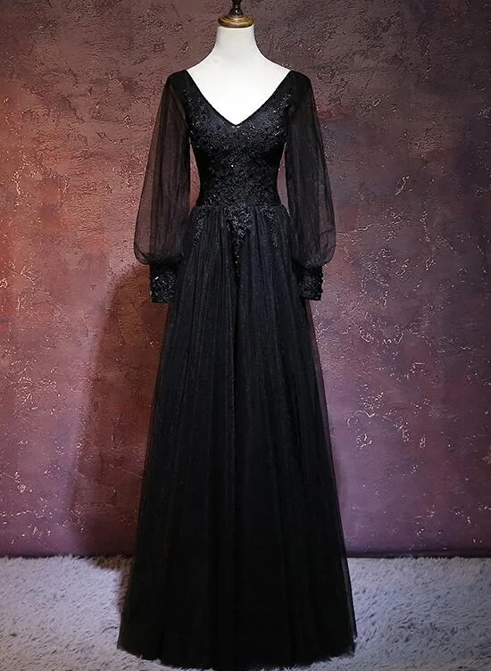 Mid - Season Sale Beautiful Black Long Sleeves V-neckline Evening Dress Black Prom Dress