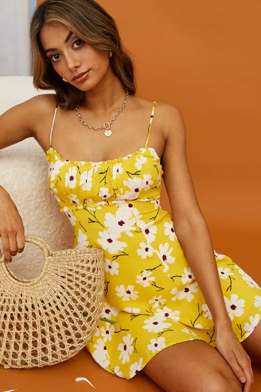 Limited - Stock Sail Away Gathered Bust Frill Trim Summer Dress Floral Print Yellow