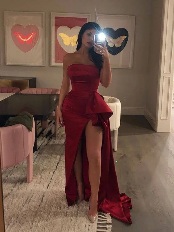 Spring Fashion Charming Mermaid Burgundy Satin Long Prom Dresses with High Slit, Burgundy Mermaid Evening Dresses, Formal Dresses