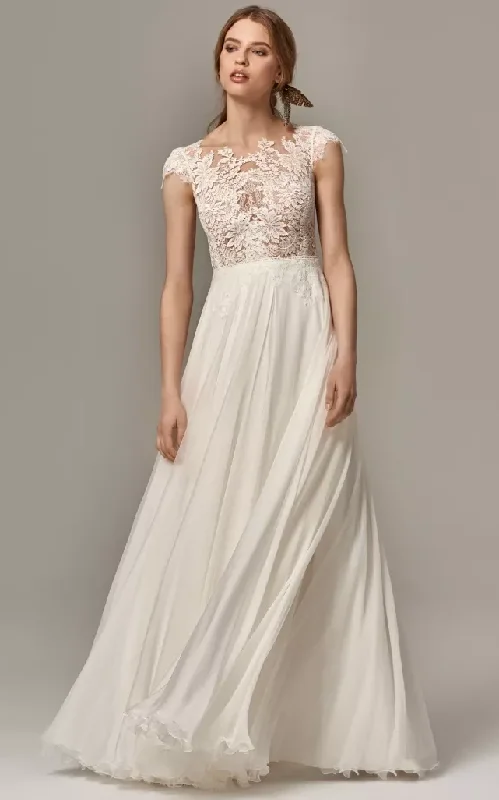 Hollywood Glam Award - Show Style Vintage Ivory Cap-sleeve Sheath Chiffon Wedding Dress with Lace Top