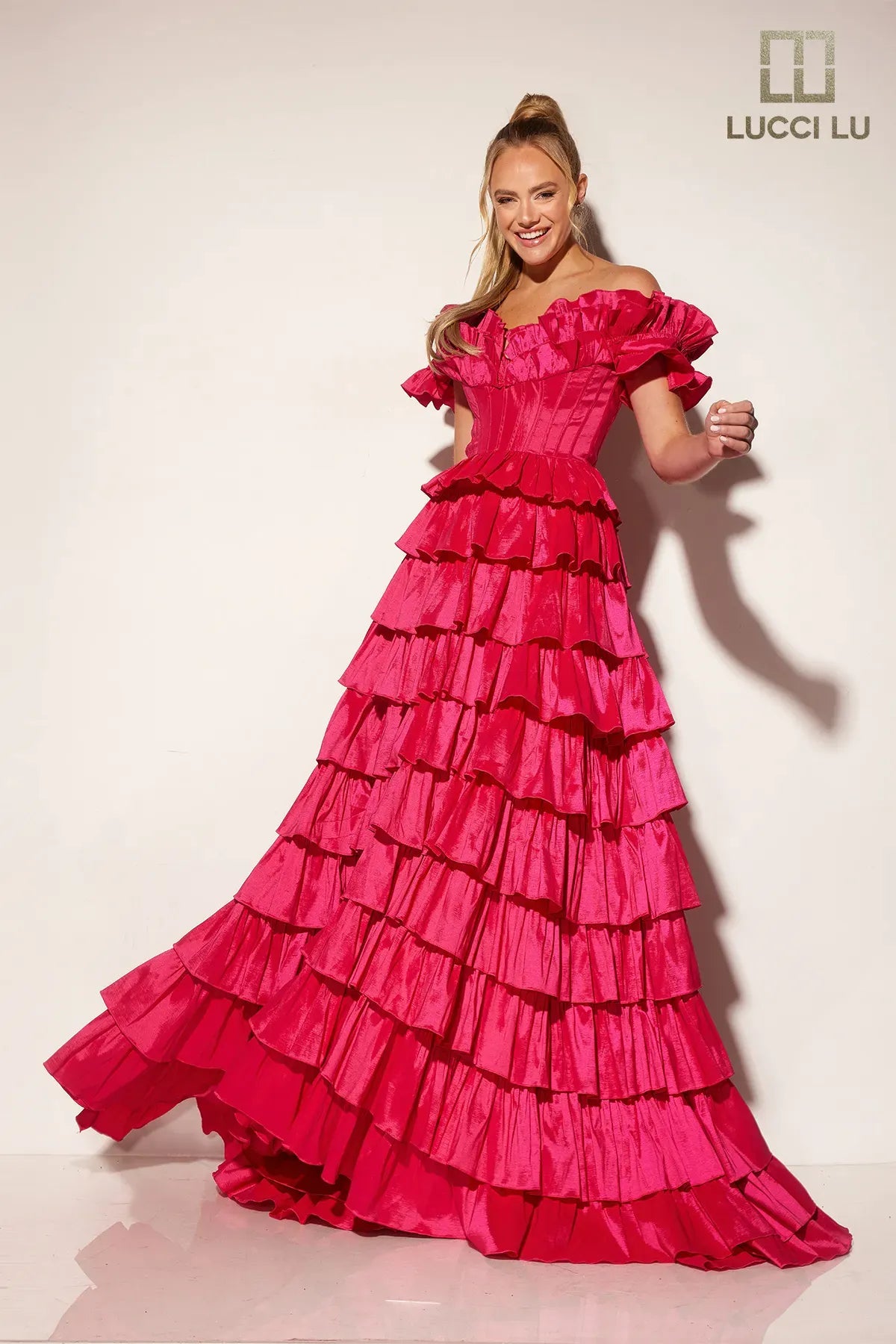 Last Chance Sale Taffeta Off Shoulder Tiered Gown by Lucci Lu 1431