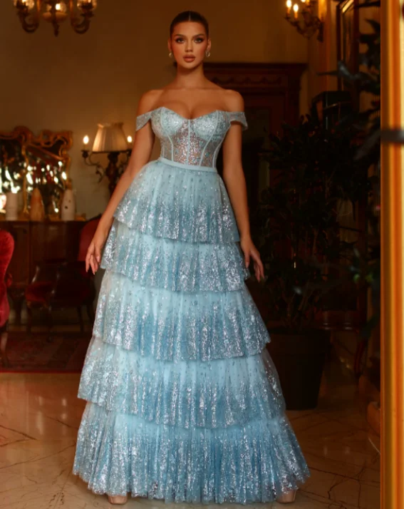 Father'S Day Deals Maxine Layered Glitter Gown - Ice Blue