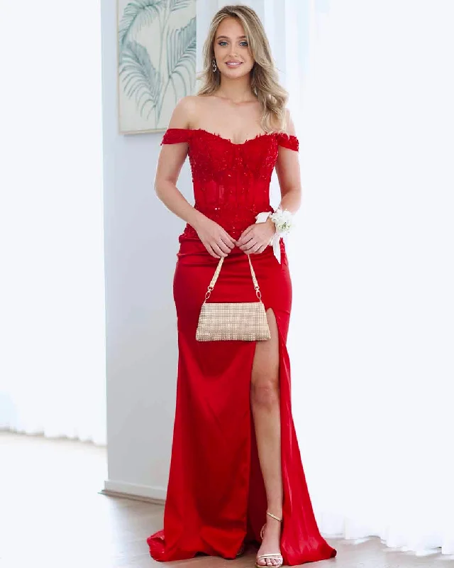 Limited - Stock Lorel Beaded Lace Corset Gown - Red