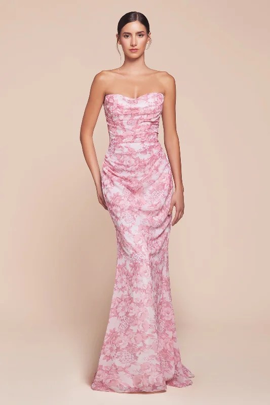 Trendy Styles Floral Print Fitted Strapless Gown by Ladivine 7445 - Outlet