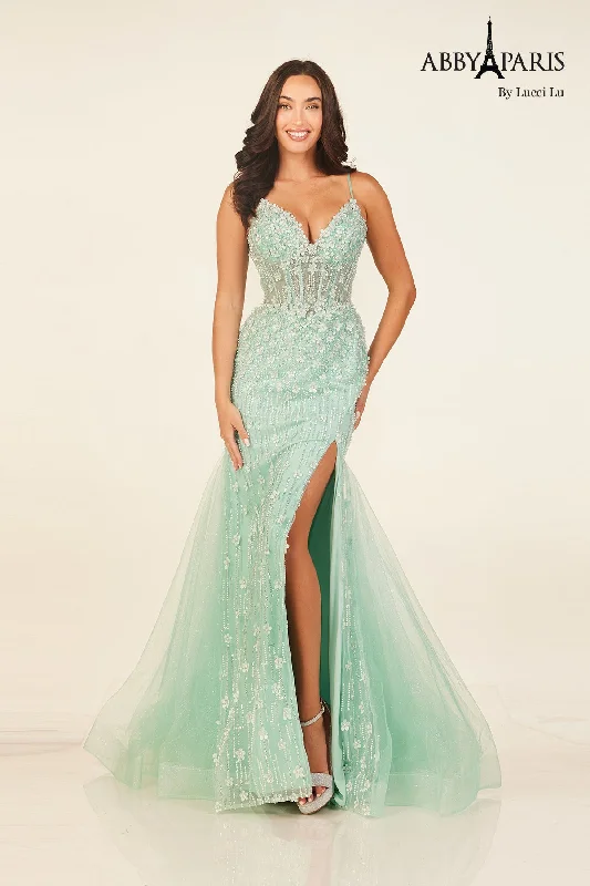 Elevate Your Wardrobe Beaded Fitted V-Neck Slit Gown by Abby Paris 90334