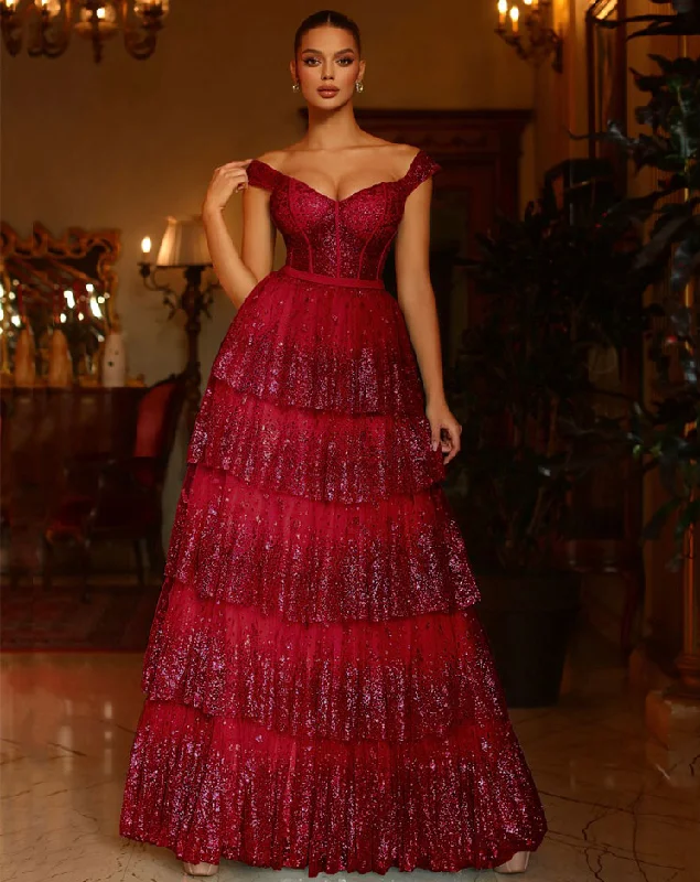 Great Prices On Feminine Styles Maxine Layered Glitter Gown - Burgundy