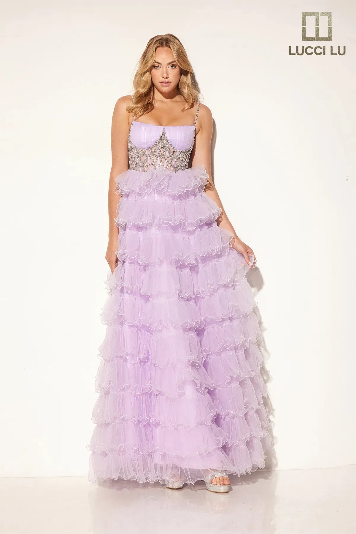 Limited Time Deal Tulle Sleeveless Ruffled Gown by Lucci Lu 1397