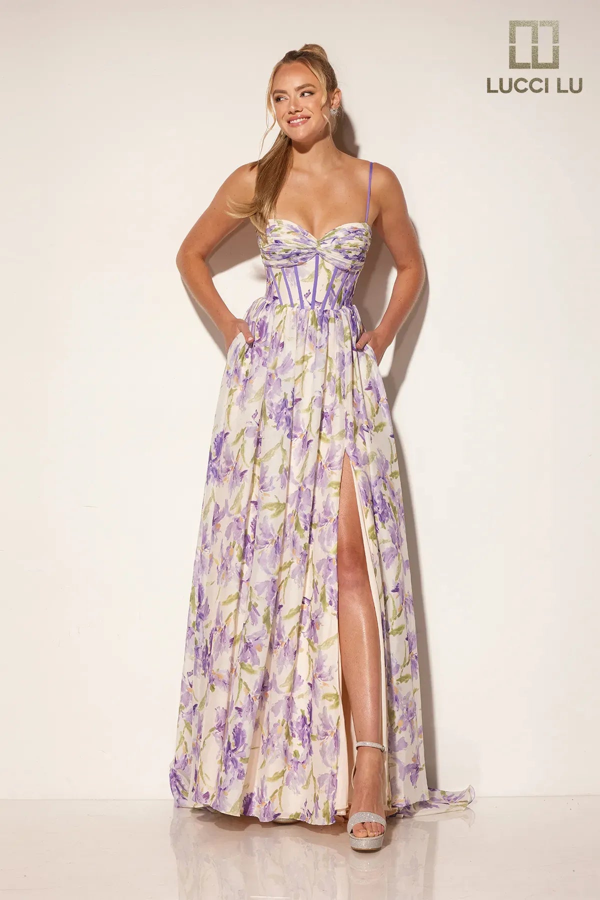 Wardrobe Update Print Sleeveless A-line Slit Gown by Lucci Lu 1402