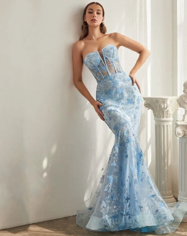 End Of Season Sale Mia Corset Butterfly Print Gown - Light Blue