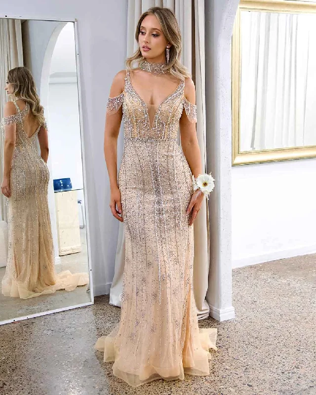 Winter Warm - Up Sale Mariah Beaded Gown - Nude